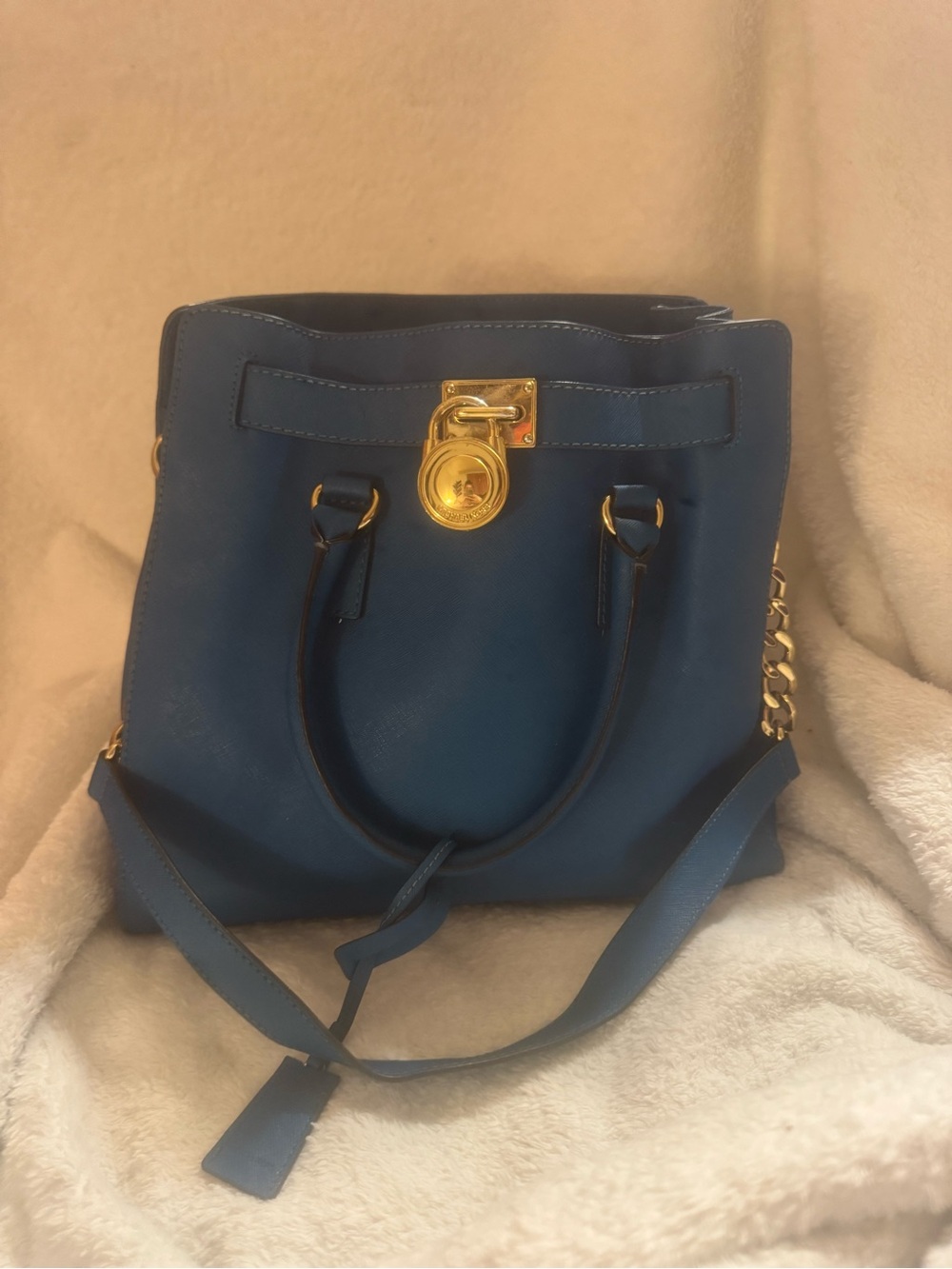 Michael Kors Navy Blue Leather Satchel with Gold-Tone Lock